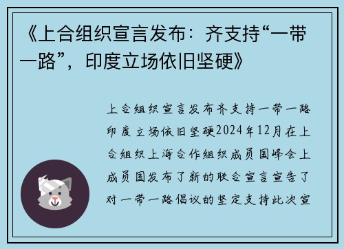 《上合组织宣言发布：齐支持“一带一路”，印度立场依旧坚硬》