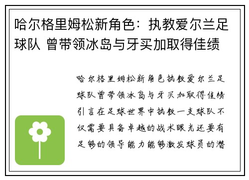 哈尔格里姆松新角色：执教爱尔兰足球队 曾带领冰岛与牙买加取得佳绩